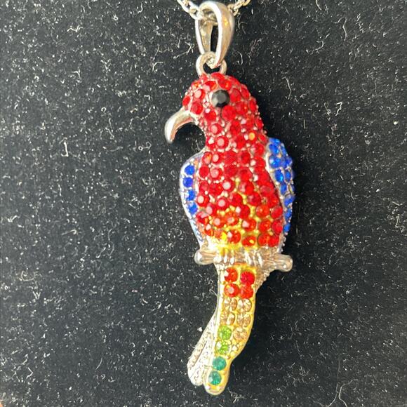 BLING! Red Blue Rhinestone Parrot Bird Pendant Necklace 17" Silver Tone Chain - Picture 2 of 5